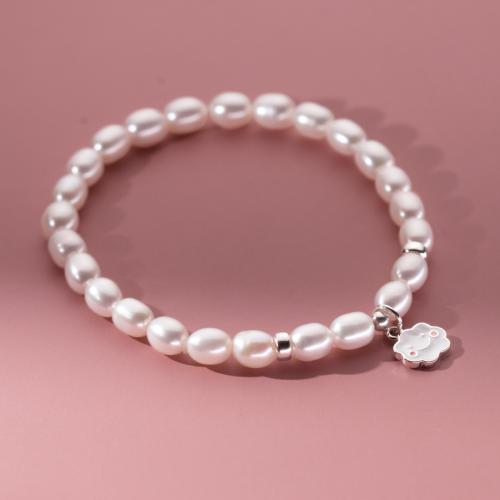 Pearl Sterling Silver Bracelets, 925 Sterling Silver, with Elastic Thread & Freshwater Pearl, handmade, for woman & epoxy gel, white Approx 15-24 cm 