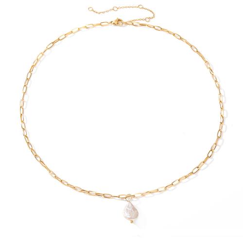 Natural Freshwater Pearl Necklace, 316 Stainless Steel, with Freshwater Pearl, with 8cm extender chain, Teardrop, Vacuum Ion Plating, fashion jewelry & for woman, golden, nickel, lead & cadmium free Approx 42 cm 