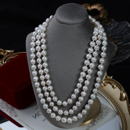 Natural Freshwater Pearl Necklace, Round, fashion jewelry & Unisex, white, nickel, lead & cadmium free, Length about 7-8mm Approx 120 cm 