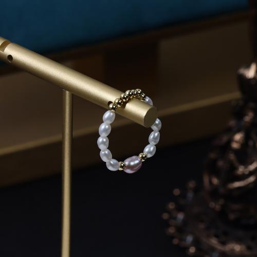 Cultured Freshwater Pearl Finger Ring, with Elastic Thread & Brass, Rice, gold color plated, fashion jewelry & elastic & Unisex, mixed colors, Pearl diameter 3-4mm,4-5mm;Ring diameter 17-20mm 
