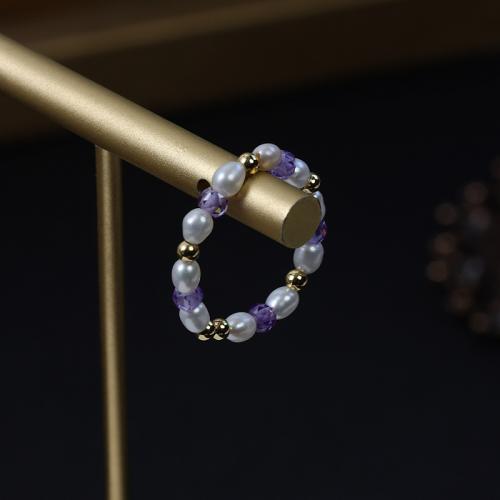 Cultured Freshwater Pearl Finger Ring, with Elastic Thread & Crystal & Brass, Rice, gold color plated, fashion jewelry & elastic & Unisex, mixed colors, Pearl diameter 3-4mm,Ring diameter 17-20mm 