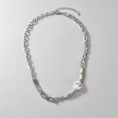 Mode Pullover Kette Halskette, Titanstahl, mit Jade & Kunststoff Perlen, mit Verlängerungskettchen von 5cm, poliert, Doppelschicht & Modeschmuck & für Frau, Länge:ca. 45 cm, verkauft von PC