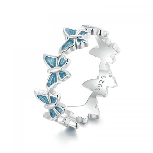 Sterling Silver Finger Ring, 925 Sterling Silver, Butterfly, fashion jewelry & for woman & enamel, blue 