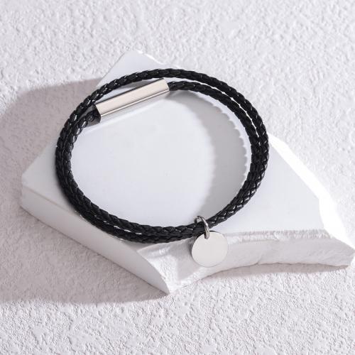 Titanium Steel Bracelet & Bangle, with leather cord, Double Layer & fashion jewelry & for woman, black, Inner Approx 6mm 
