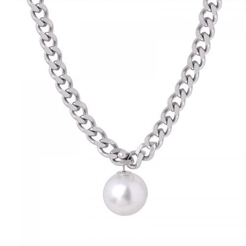 Collar de la joyería de titanio, Partículas de acero, con Shell Pearl, con 5cm extender cadena, para mujer, 14mm, longitud:aproximado 40 cm, Vendido por UD