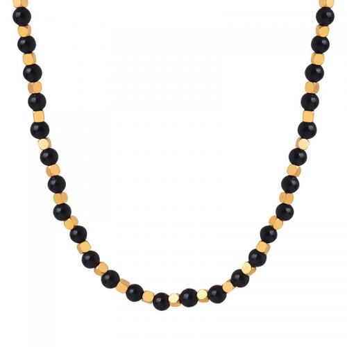 Titanium Steel Jewelry Necklace, with Black Agate, with 7cm extender chain, 18K gold plated, fashion jewelry & for woman, golden Approx 40 cm 