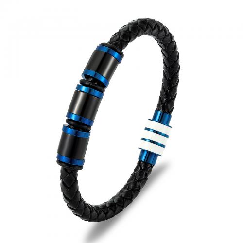 Leather Bracelet, with Titanium Steel, plated, braided bracelet & for man, black, 7mm 