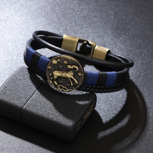 PU Leather Cord Bracelets, Zinc Alloy, with PU Leather, 12 Signs of the Zodiac, plated, three layers & for man .5 cm 
