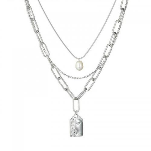 Mode-Multi-Layer-Halskette, 304 Edelstahl, mit Kunststoff Perlen, mit Verlängerungskettchen von 6.5cm, Quadrat, poliert, drei Schichten & Modeschmuck & für Frau, originale Farbe, Pendant:1.5cm, Länge:ca. 40 cm, ca. 44 cm, ca. 47 cm, verkauft von PC