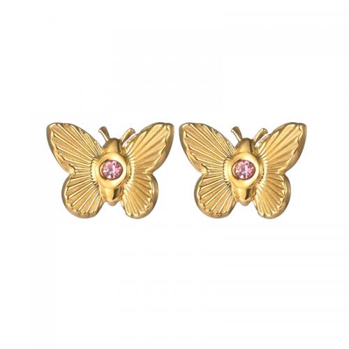 Stainless Steel Cubic Zirconia Stud Earring, 304 Stainless Steel, Butterfly, 18K gold plated, fashion jewelry & micro pave cubic zirconia & for woman 