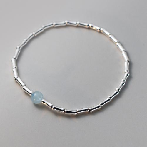 Sterling Silver Bracelets, 925 Sterling Silver, with Elastic Thread & Aquamarine, handmade, for woman, silver color Approx 26-25 cm 