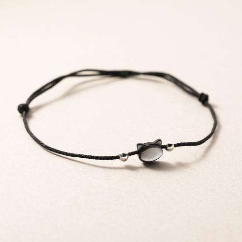 Sterling Silver Bracelets, 925 Sterling Silver, with Wax Cord & Cats Eye, handmade, for woman, black Approx 23 cm 