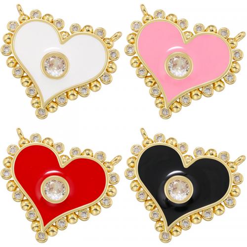 Enamel Brass Connector, Heart, plated, DIY & micro pave cubic zirconia 