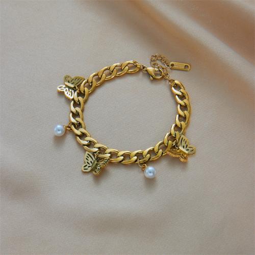Bracelet en acier inoxydable, Acier inoxydable 304, avec perle de plastique, Plaqué or 18K, bijoux de mode & pour femme, Or Environ 18 cm, Vendu par PC