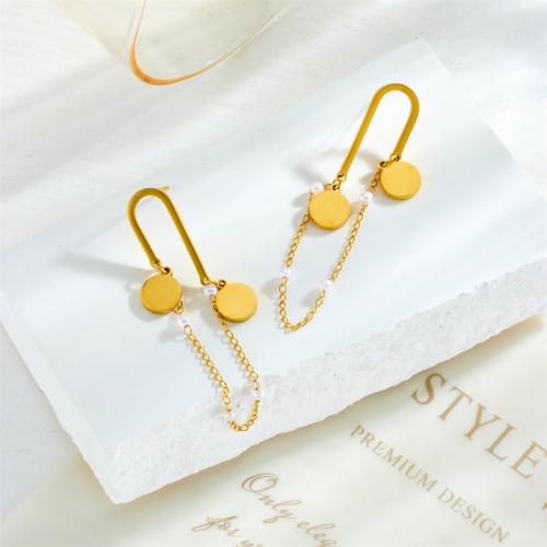 Stainless Steel Drop Earring, 304 Stainless Steel, with Plastic Pearl, fashion jewelry & for woman, golden, 60mm 