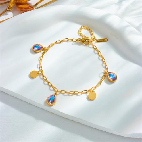 Stainless Steel Charm Bracelet, 304 Stainless Steel, with Crystal, fashion jewelry & for woman, golden Approx 22 cm 
