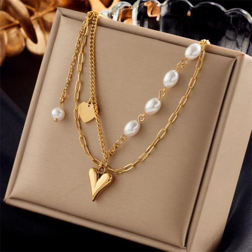Mode-Multi-Layer-Halskette, 304 Edelstahl, mit Kunststoff Perlen, Doppelschicht & Modeschmuck & für Frau, goldfarben, Länge:ca. 45 cm, verkauft von PC