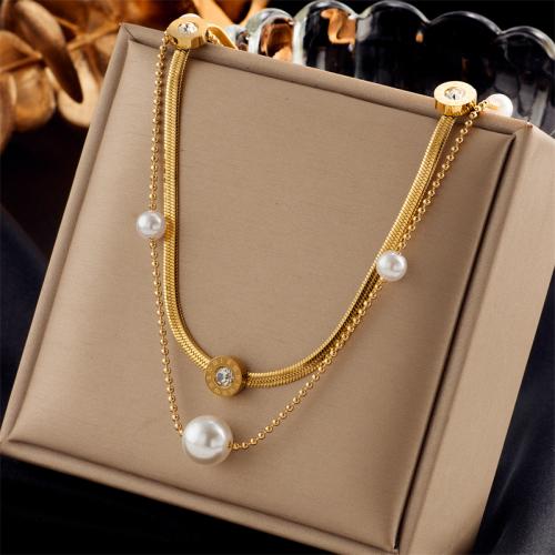 Fashion Multi Layer Necklace, 304 Stainless Steel, with Rhinestone & Plastic Pearl, Double Layer & fashion jewelry & for woman, golden 