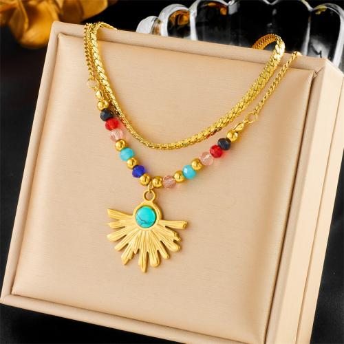 Fashion Multi Layer Necklace, 304 Stainless Steel, with Synthetic Turquoise & Crystal, Double Layer & fashion jewelry & for woman, golden 