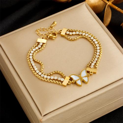 Stainless Steel Charm Bracelet, 304 Stainless Steel, with Rhinestone, fashion jewelry & multilayer & for woman & with rhinestone, golden Approx 20 cm 
