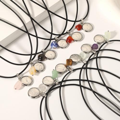 Stainless Steel Jewelry Necklace, 304 Stainless Steel, with leather cord & Gemstone, with 5cm extender chain, Zodiac symbols jewelry & for woman Approx 45 cm 