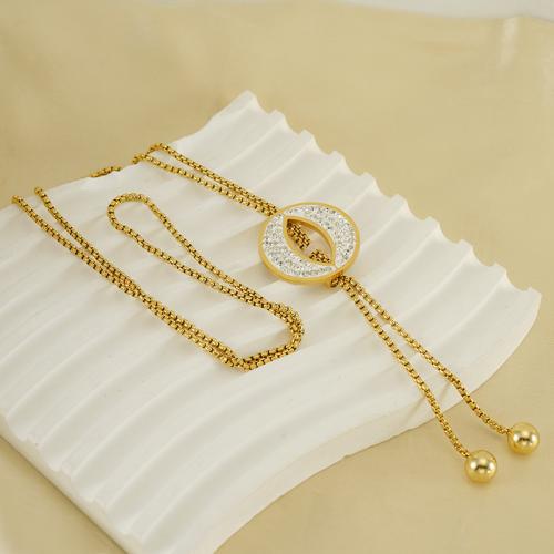Stainless Steel Sweater Chain Necklace, 304 Stainless Steel, 18K gold plated, fashion jewelry & for woman & with rhinestone, golden Approx 73 cm 