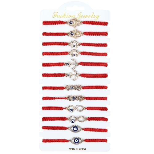 Evil Eye Jewelry Bracelet, Knot Cord, with Zinc Alloy, gold color plated, 12 pieces & Adjustable & Bohemian style & Unisex & enamel & with rhinestone Approx 18 cm 