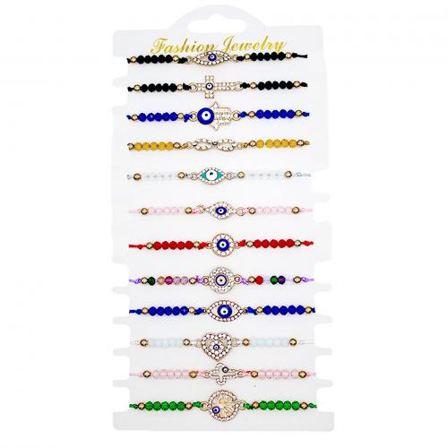 Evil Eye Jewelry Bracelet, Knot Cord, with Crystal & Zinc Alloy, gold color plated, 12 pieces & Adjustable & Bohemian style & Unisex & enamel & with rhinestone, mixed colors Approx 18 cm 