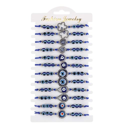 Evil Eye Jewelry Bracelet, Knot Cord, with Lampwork & Zinc Alloy, plated, 12 pieces & Adjustable & Bohemian style & Unisex & evil eye pattern & with rhinestone Approx 18 cm 