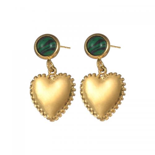 Titanium Steel Earrings, with Malachite, Heart, 18K gold plated, fashion jewelry & for woman 