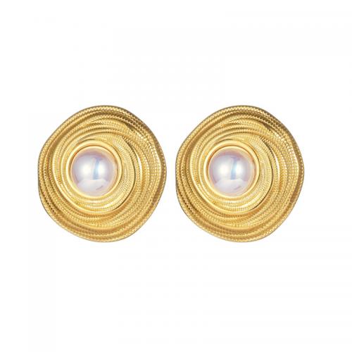 Edelstahl Stud Ohrring, 304 Edelstahl, mit Kunststoff Perlen, 18K vergoldet, Modeschmuck & für Frau, 23x22mm, verkauft von Paar