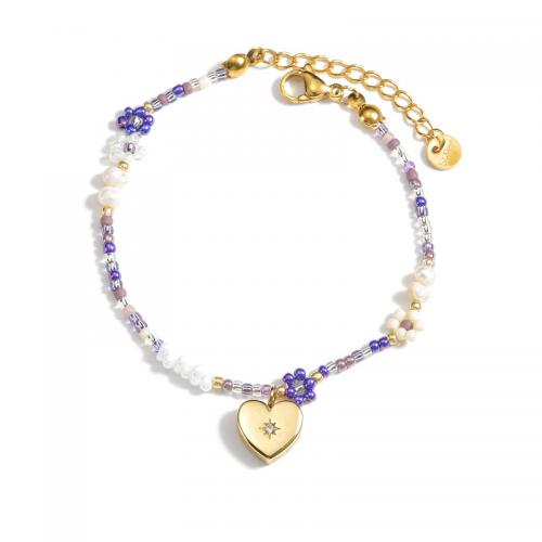 Petite perle en verre de collier 
, Acier inoxydable 304, avec Seedbead, avec 3cm chaînes de rallonge, bijoux de mode & pour femme & avec strass cm Environ 17.5 cm, Vendu par PC