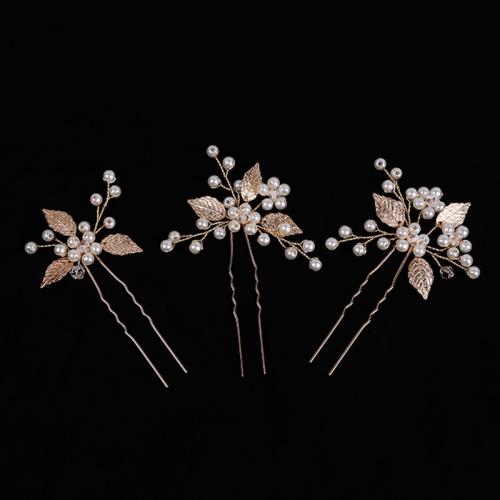 Hair Stick, Zinc Alloy, with brass wire & Plastic Pearl, three pieces & fashion jewelry & for woman, golden 