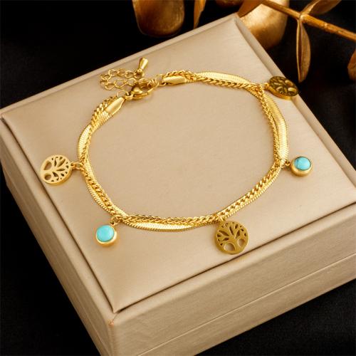 Stainless Steel Charm Bracelet, 304 Stainless Steel, with Synthetic Turquoise, Double Layer & fashion jewelry & for woman, golden 