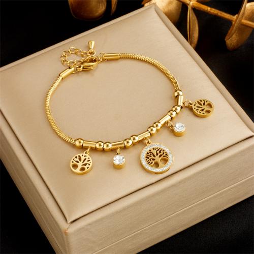 Stainless Steel Charm Bracelet, 304 Stainless Steel, with Rhinestone, fashion jewelry & for woman & with rhinestone, golden Approx 19 cm 