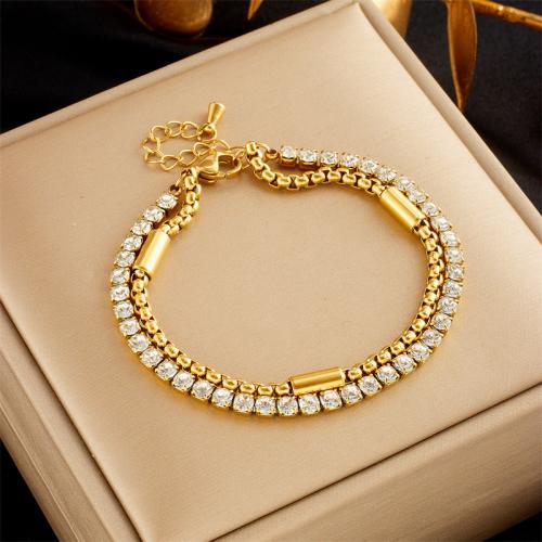 Stainless Steel Charm Bracelet, 304 Stainless Steel, with Rhinestone, Double Layer & fashion jewelry & for woman & with rhinestone, golden Approx 19 cm 