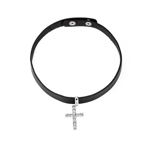 Fashion Choker Necklace, Zinc Alloy, with leather cord, Cross, fashion jewelry & for woman & with rhinestone Approx 39.5 cm 