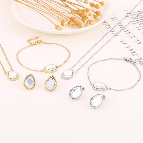 Fashion Stainless Steel Jewelry Sets, 304 Stainless Steel, Stud Earring & bracelet & necklace, with Glass, Teardrop, three pieces & fashion jewelry & for woman 