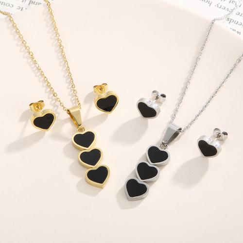 Fashion Stainless Steel Jewelry Sets, 304 Stainless Steel, Stud Earring & necklace, with Shell, Heart, 2 pieces & fashion jewelry & for woman pendant 30*10mm,ear stud 9*10mm Approx 45 cm 