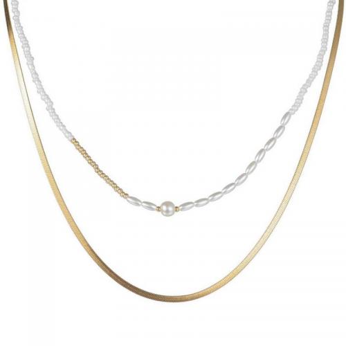 Edelstahl Schmuck Halskette, 304 Edelstahl, mit Seedbead & Kunststoff Perlen, 18K vergoldet, Doppelschicht & Modeschmuck & für Frau, verkauft von setzen