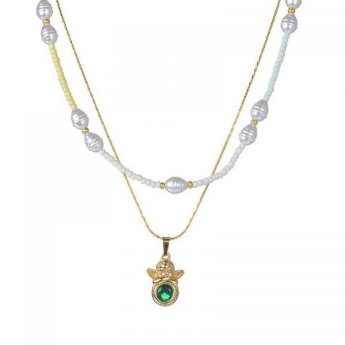 Stainless Steel Sweater Chain Necklace, 304 Stainless Steel, with Emerald & Seedbead & Plastic Pearl, 18K gold plated, Double Layer & fashion jewelry & for woman .4cm 
