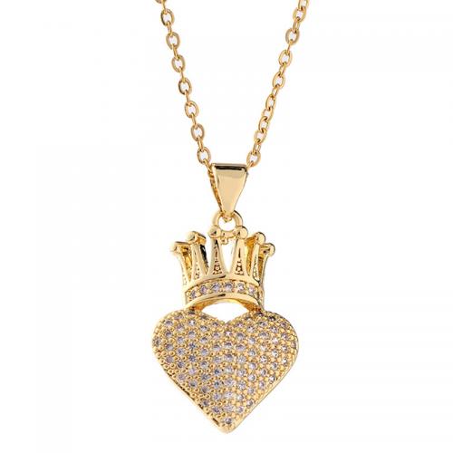 Cubic Zircon Micro Pave Brass Necklace, with 5CM extender chain, Heart, plated, micro pave cubic zirconia & for woman, golden Approx 40 cm 