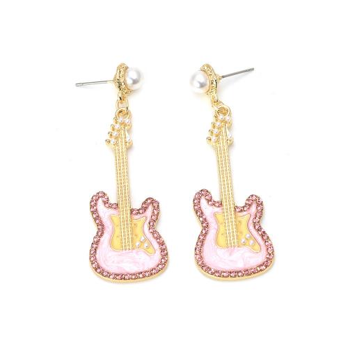 Zinc Alloy Drop Earring, with Plastic Pearl, Guitar, gold color plated, for woman & enamel & with rhinestone 