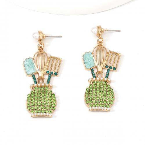 Zinc Alloy Drop Earring, with Plastic Pearl, gold color plated, for woman & enamel & with rhinestone 