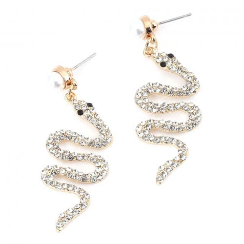 Zinc Alloy Drop Earring, with Plastic Pearl, Snake, gold color plated, for woman & with rhinestone 