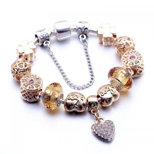 Zinc Alloy European Bracelets, with Crystal, Heart, plated, fashion jewelry & for woman & with rhinestone, golden 