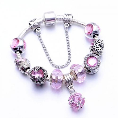 Zinc Alloy European Bracelets, with Crystal, silver color plated, fashion jewelry & for woman & enamel, pink 