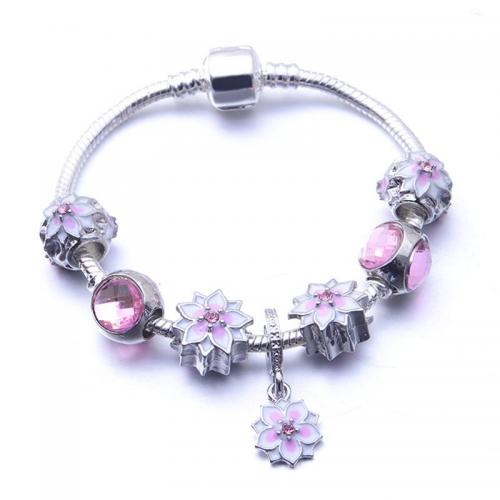 Zinc Alloy European Bracelets, with Crystal, Flower, silver color plated, fashion jewelry & for woman & enamel & with rhinestone, pink 