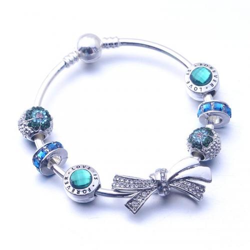 Zinc Alloy European Bracelets, with Crystal, Bowknot, silver color plated, fashion jewelry & for woman & with rhinestone, mixed colors 