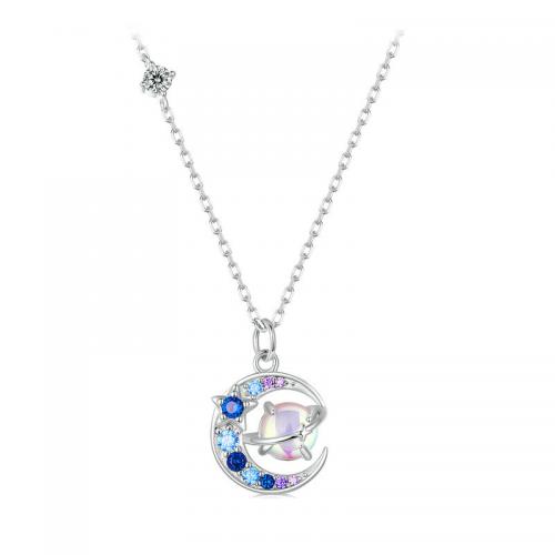 Cubic Zircon Micro Pave Sterling Silver Necklace, 925 Sterling Silver, with 1.97inch extender chain, Moon and Star, fashion jewelry & micro pave cubic zirconia & for woman Approx 15.75 Inch 